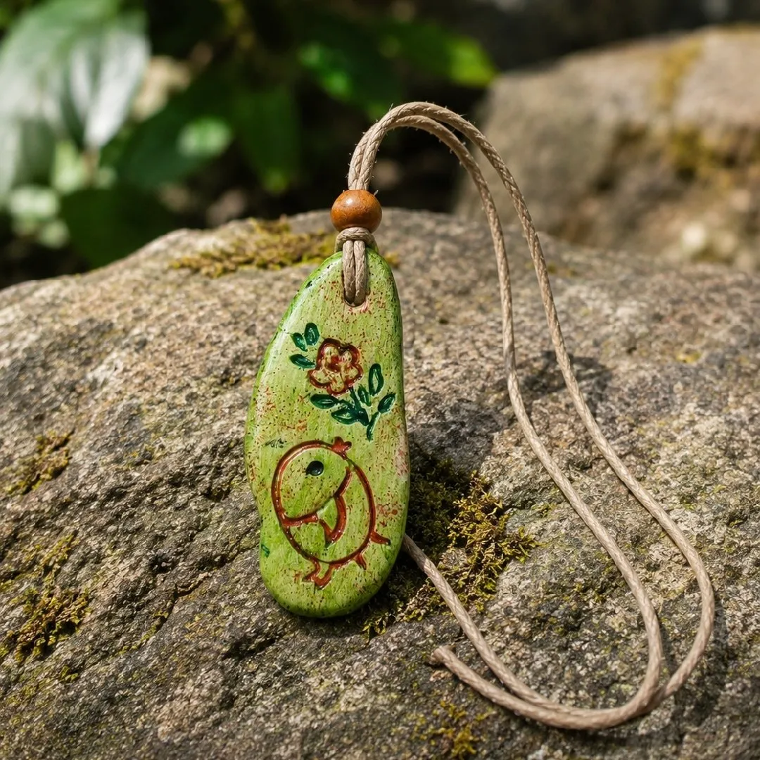 Colar Pássaro e Flor em Cerâmica Artesanal