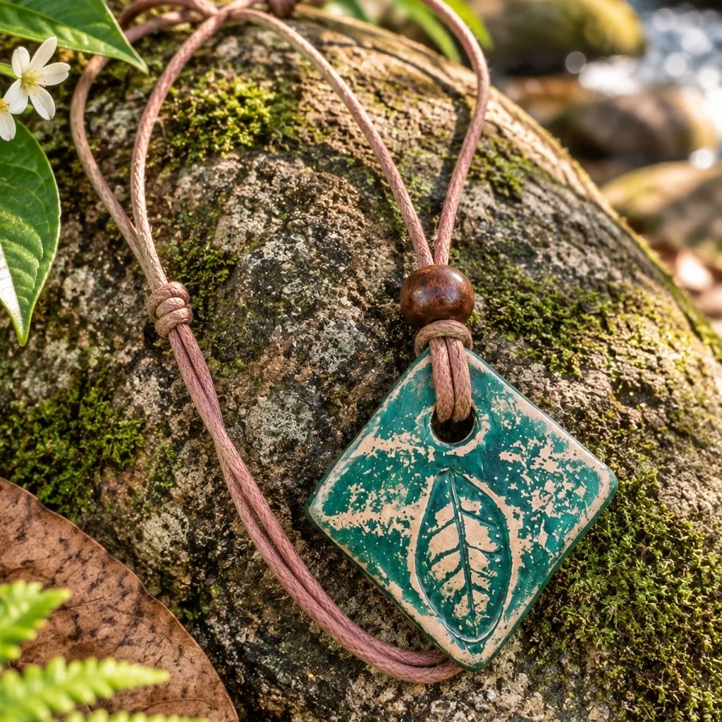 Colar Folha Ancestral em Cerâmica Artesanal