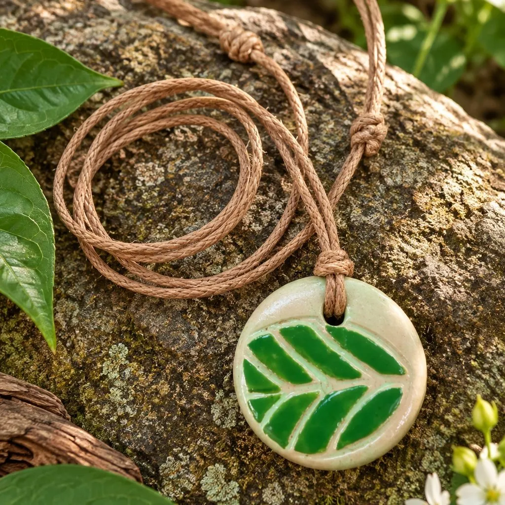 Colar Folha Verde em Cerâmica Artesanal